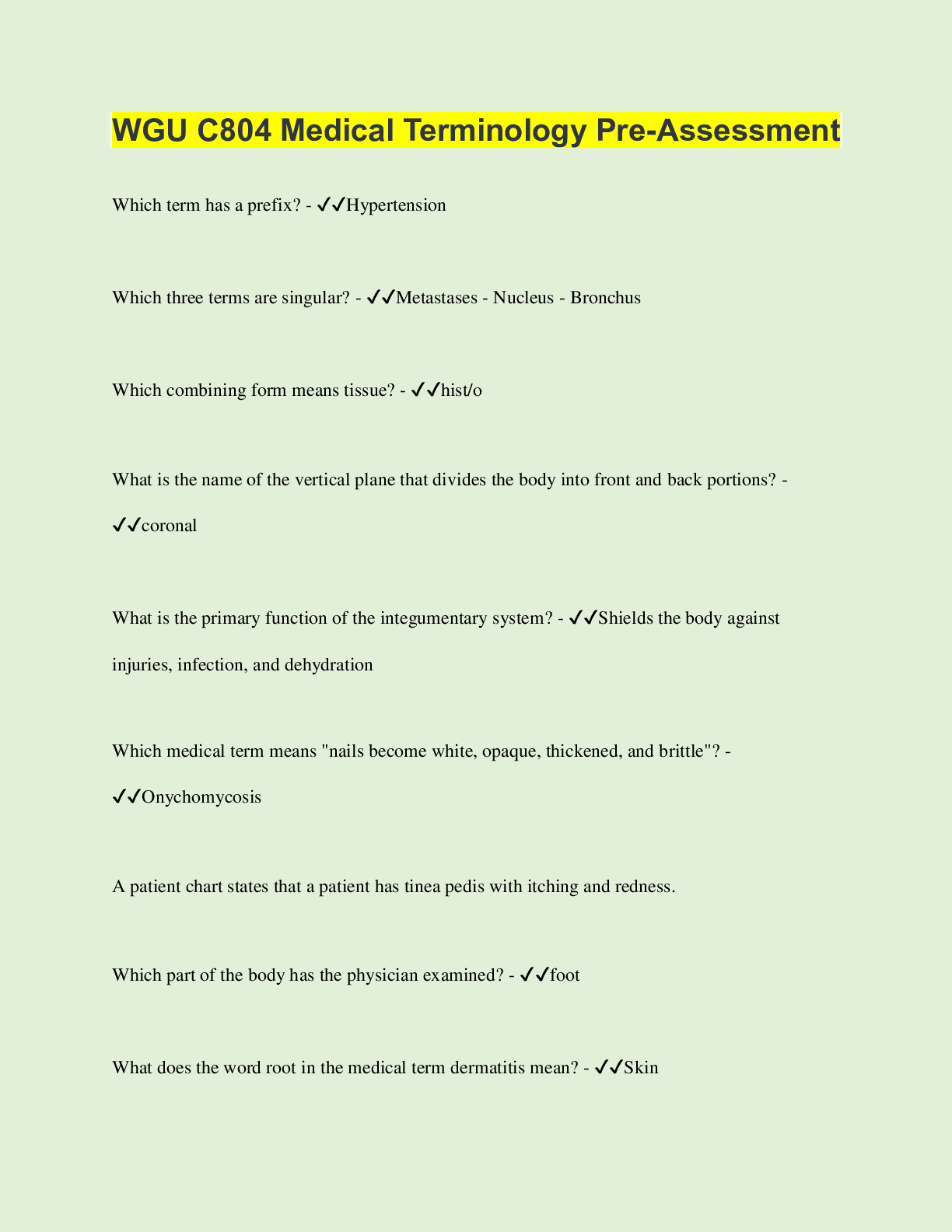 Preview image for WGU C804 Medical Terminology Pre-Assessment  | 68 Questions with 100% Correct Answers | Verified | Latest Update